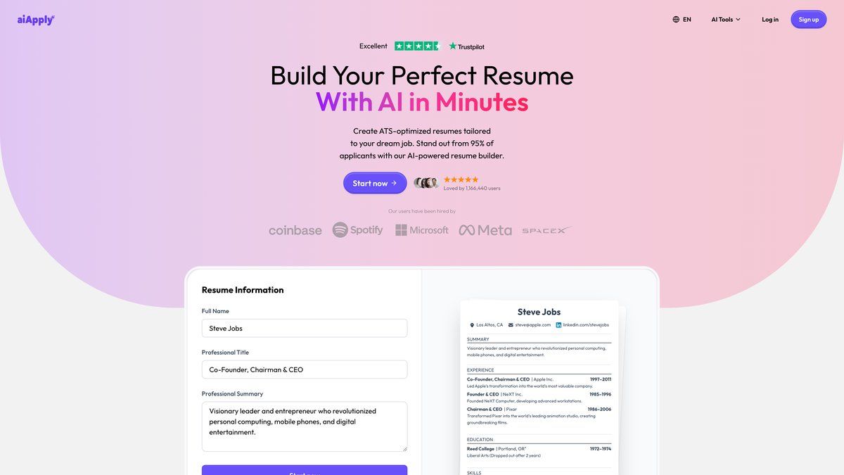 AIApply Resume Builder showing AI resume creation with form input and ATS-optimized resume preview side by side