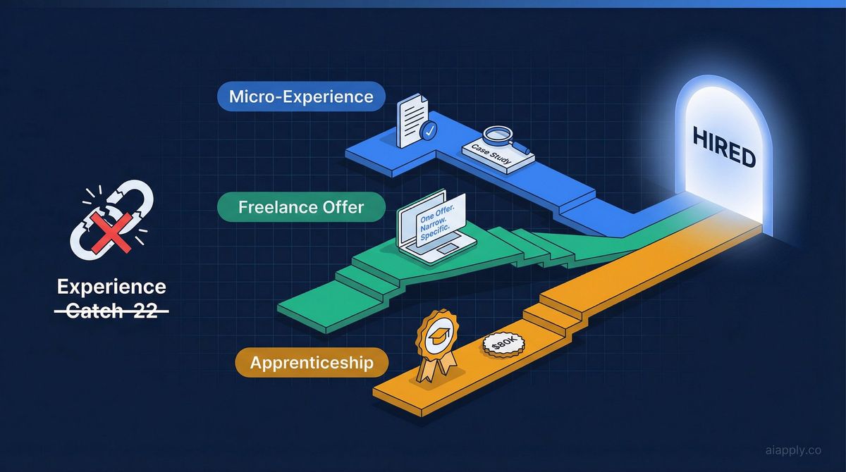 Three parallel pathways to work experience - micro projects, freelance offers, and apprenticeships - converging into employment