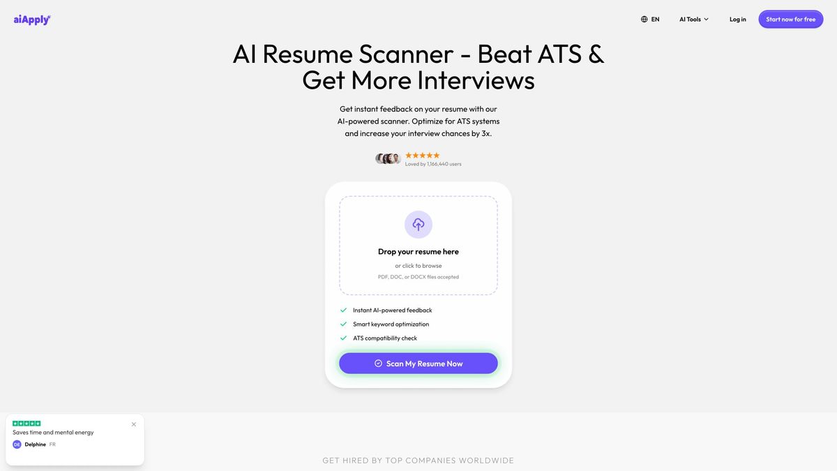 AIApply Resume Scanner interface showing ATS compatibility score and missing keywords analysis