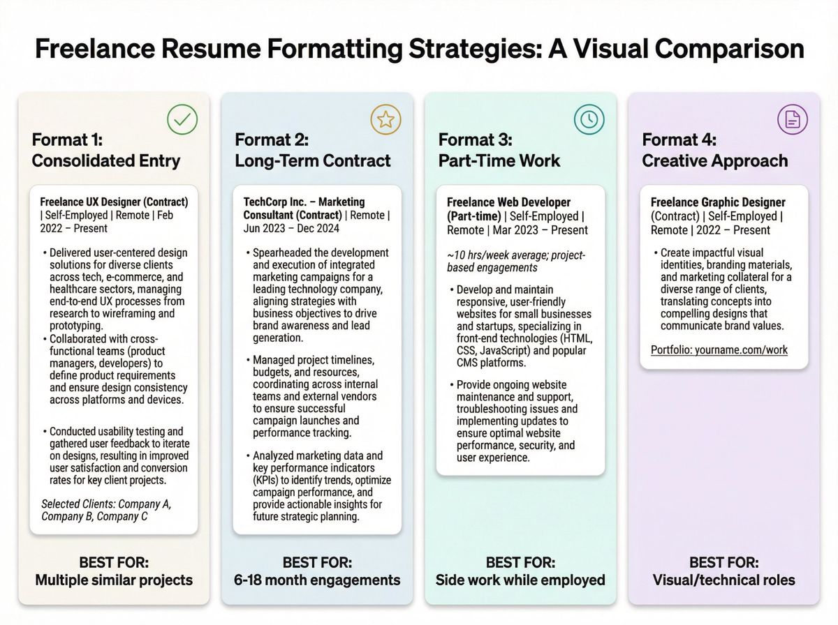 Side-by-side comparison of four freelance resume formatting approaches with visual examples