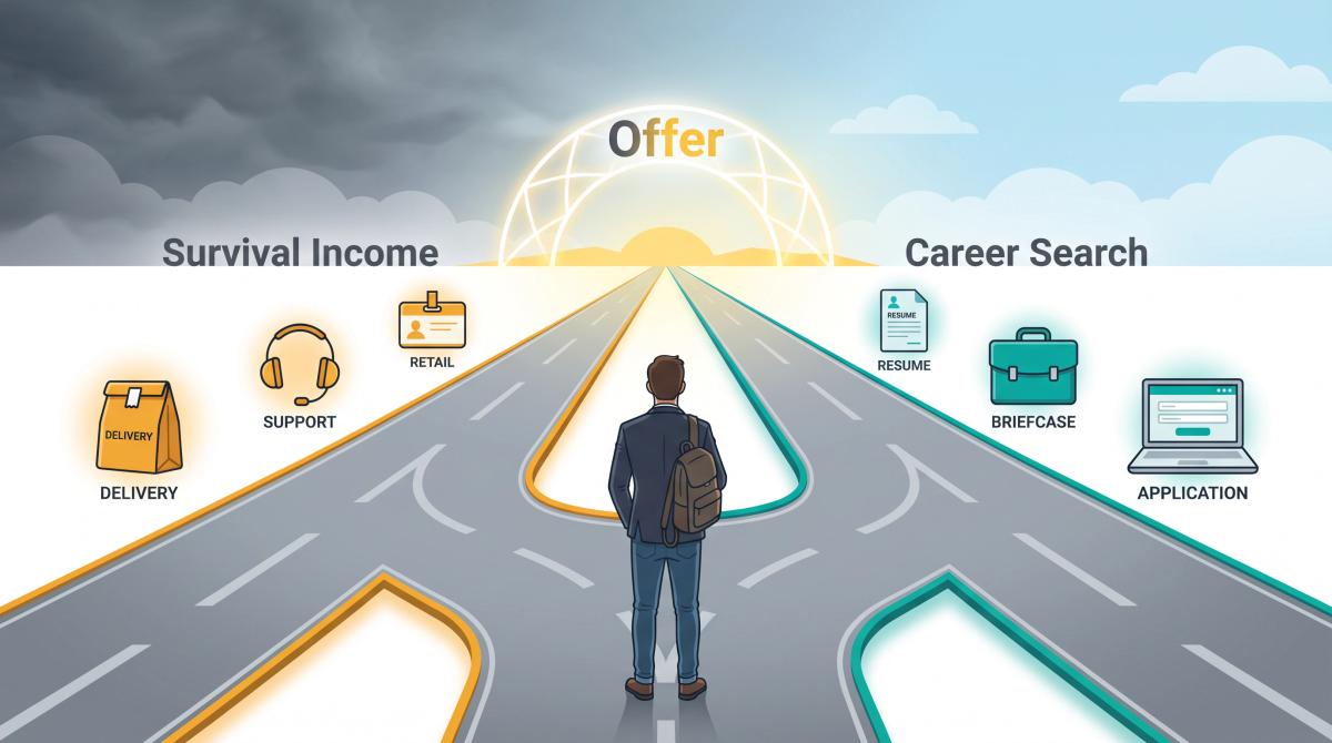 Illustration of a dual-track job search strategy showing parallel paths for survival income and career search