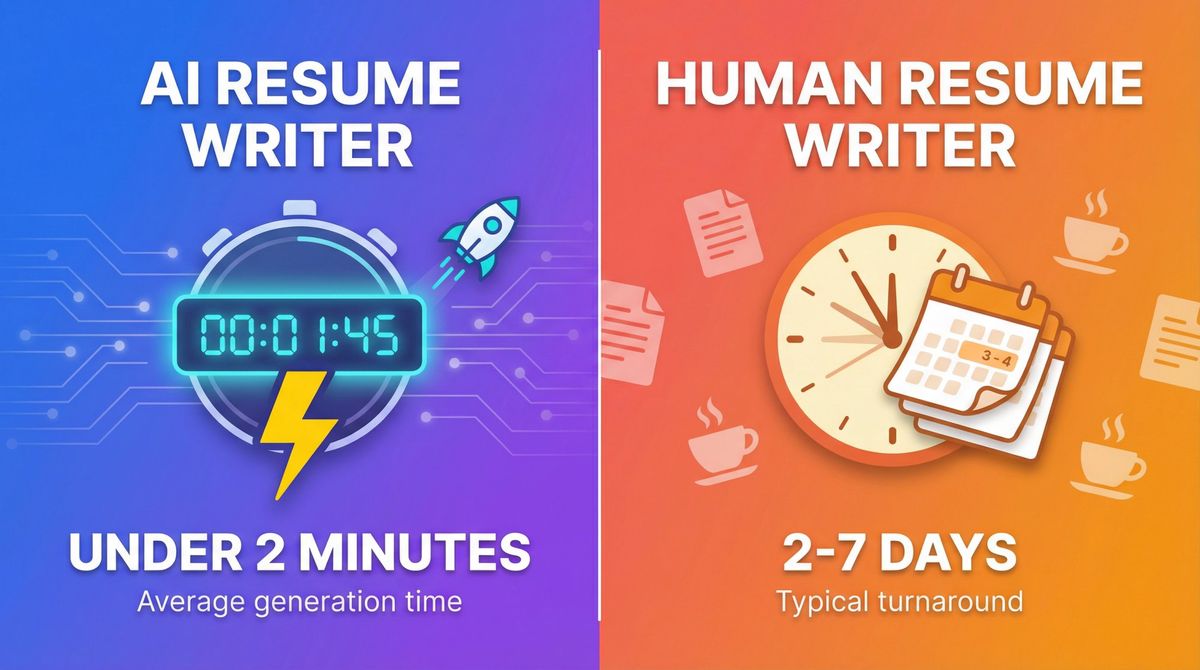 Split-screen visual comparing AI resume generation under 2 minutes versus human writer 2-7 day turnaround with clock graphics