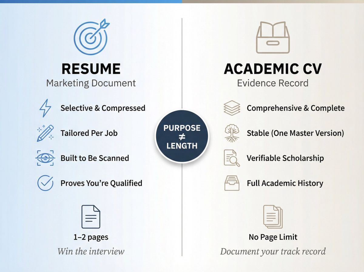 Split-panel infographic contrasting resume's marketing purpose with academic CV's evidence-recording purpose