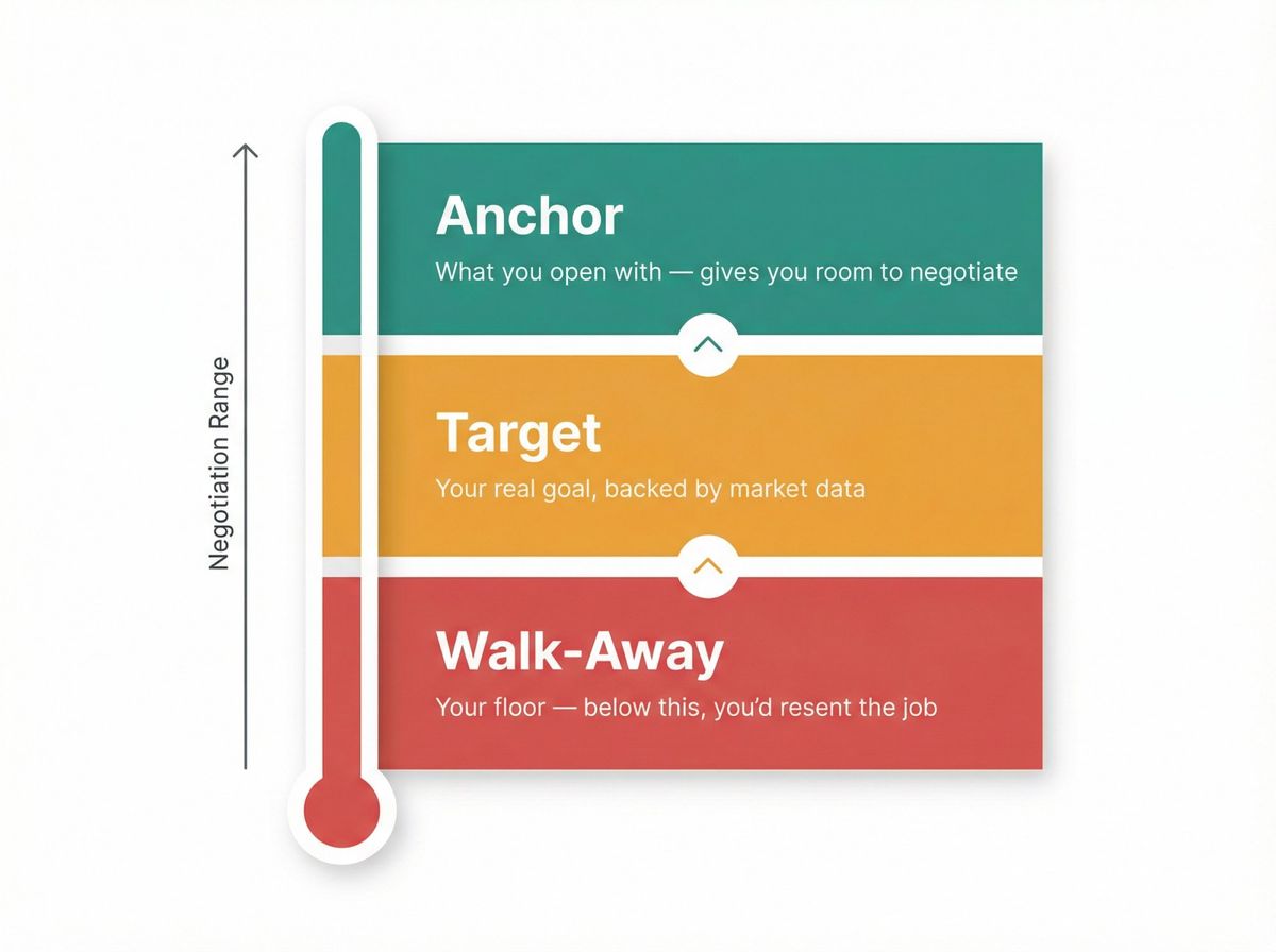Salary negotiation three-number framework diagram showing Walk-Away, Target, and Anchor numbers as stacked tiers on a vertical scale