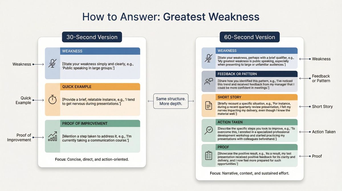 Visual template showing the 30-second and 60-second weakness answer structures with labeled components