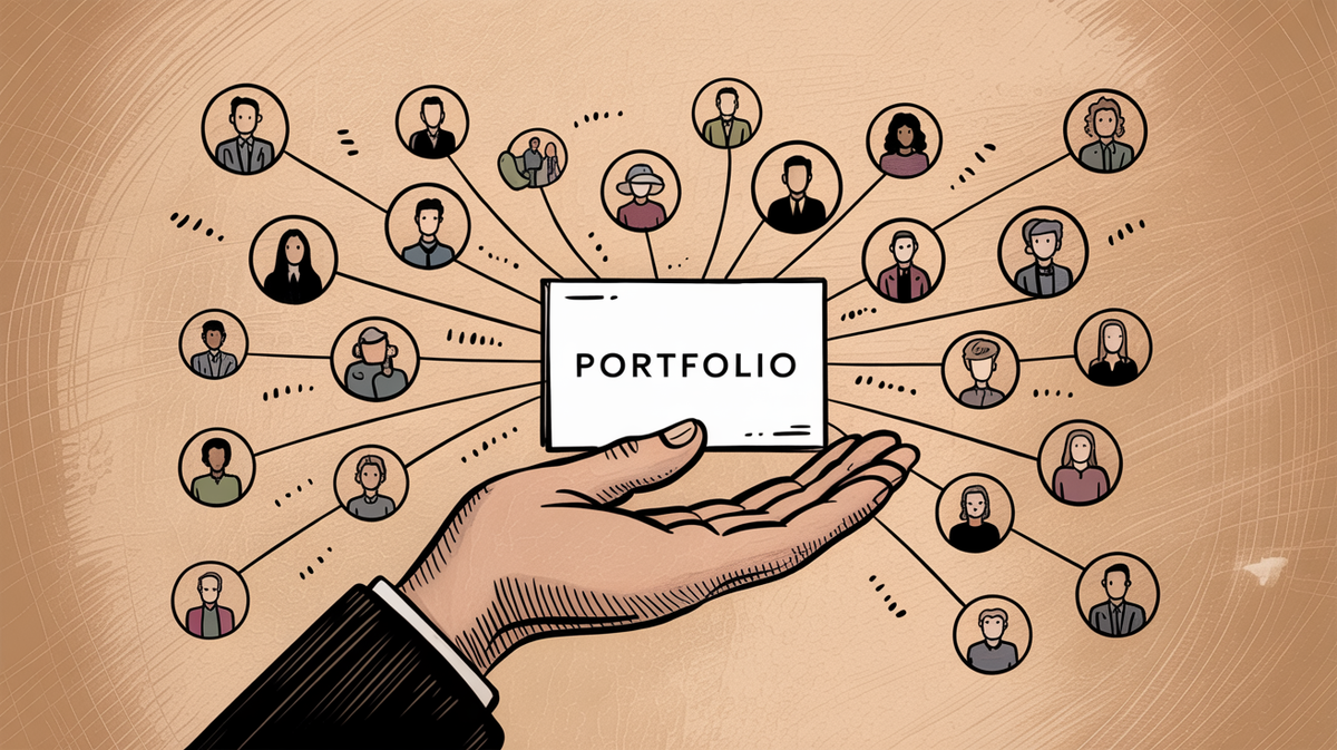Portfolio sharing and networking strategies showing distribution channels and professional connections