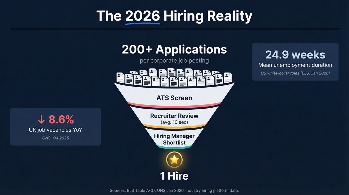 Infographic showing 200+ resumes funneling into one job opening, with key 2026 job market stats