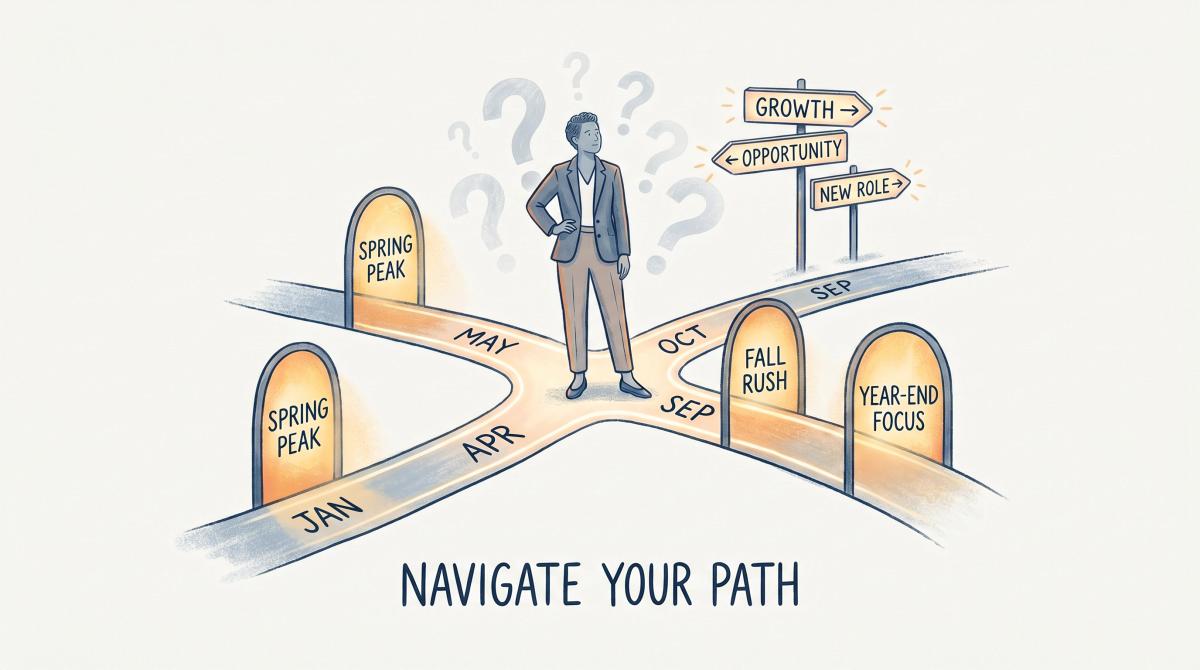 Professional confidently navigating a year-long timeline with peak job search windows highlighted as bright pathways