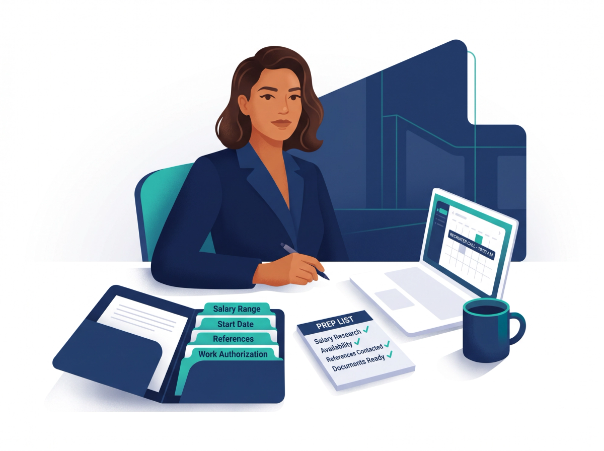 Confident job seeker at a desk with an organized proof packet, checklist documents, and recruiter-ready materials laid out