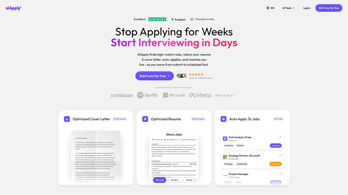 AIApply homepage showing AI-powered job search tools including resume builder, mock interview, and auto-apply features