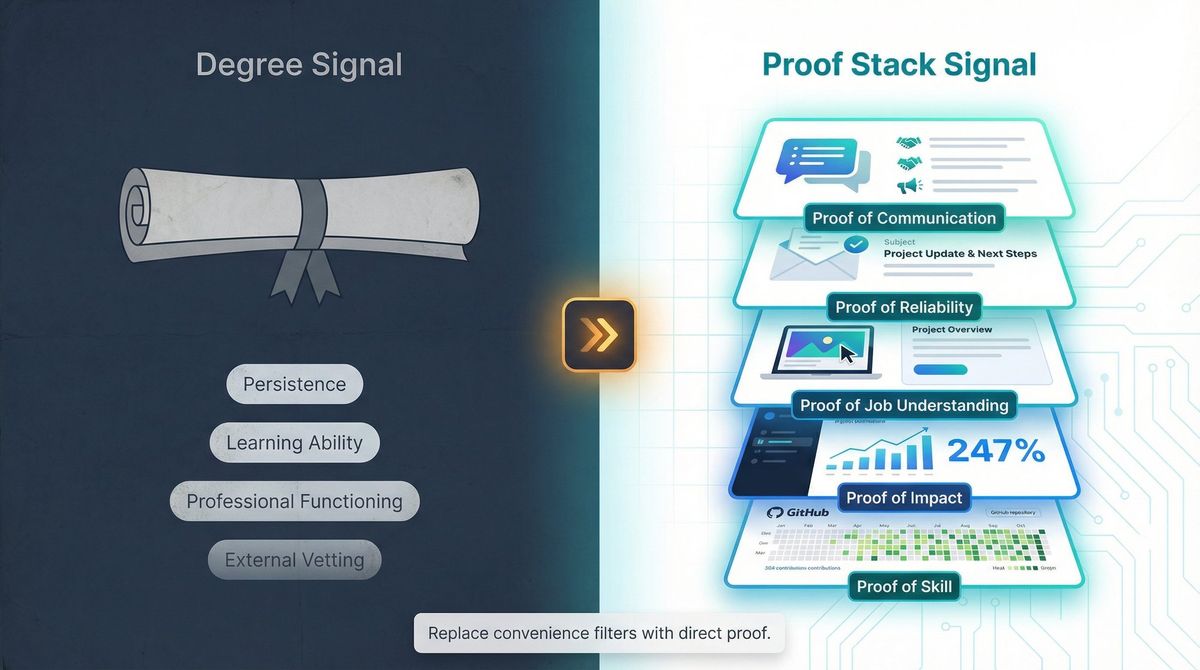 Split editorial illustration: a diploma on the left versus a modern proof stack of portfolio, metrics, and projects on the right