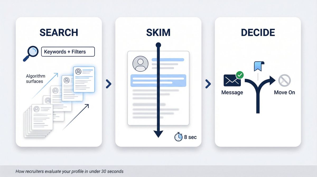 Three-step recruiter workflow: Search using keyword filters, Skim profile in seconds, then Decide to message or move on