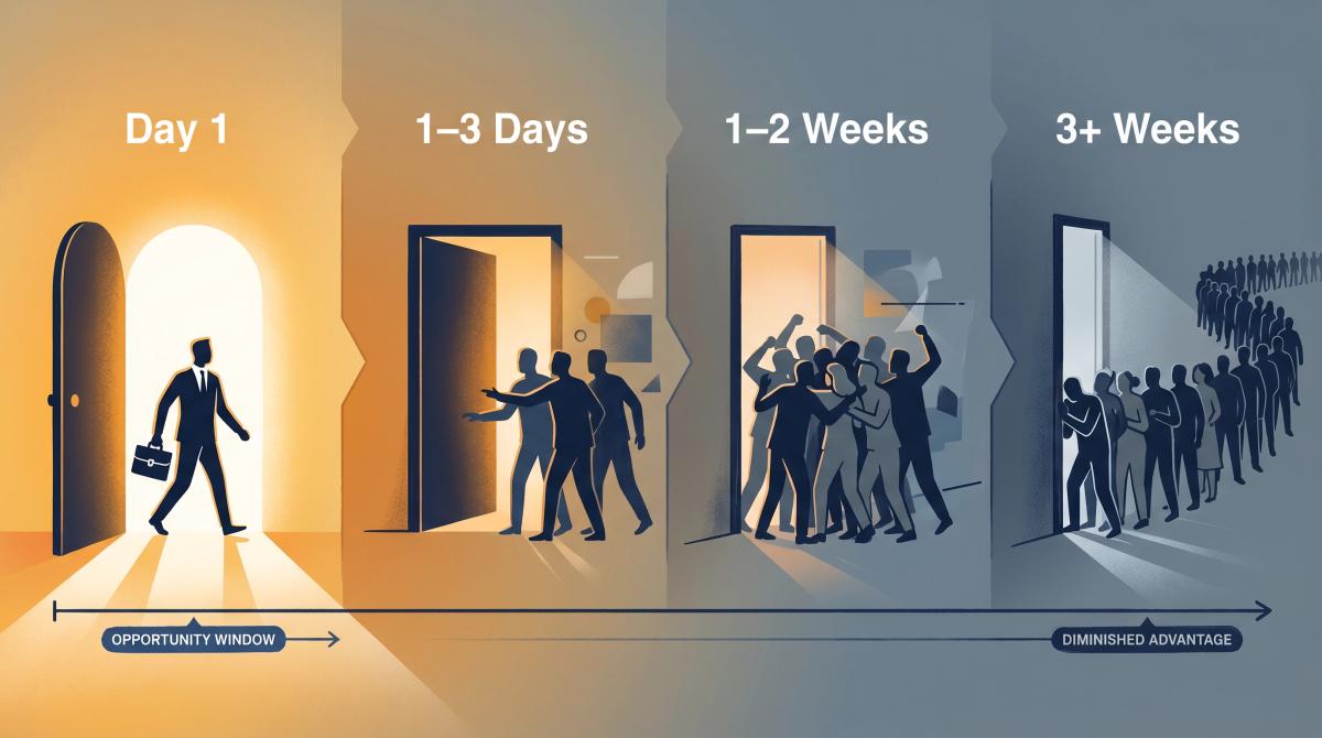 Editorial illustration showing job application advantage shrinking over time after a posting goes live, from 0–24 hours to weeks later