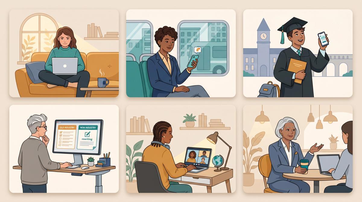 Six job seeker personas — unemployed, casual explorer, student, career switcher, remote worker, and senior professional — each shown in a distinct illustrated vignette
