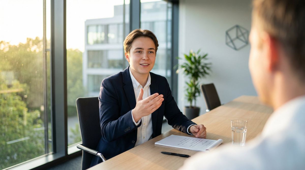 Professional job candidate confidently answering interview question with clear structured communication