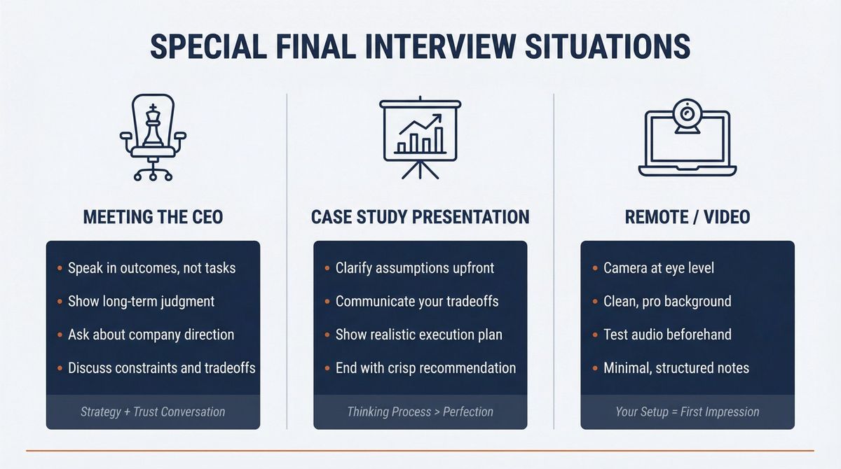 Three-panel infographic showing preparation strategies for CEO meetings, case study presentations, and remote video interviews