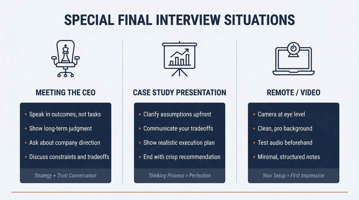 Three-panel infographic showing preparation strategies for CEO meetings, case study presentations, and remote video interviews