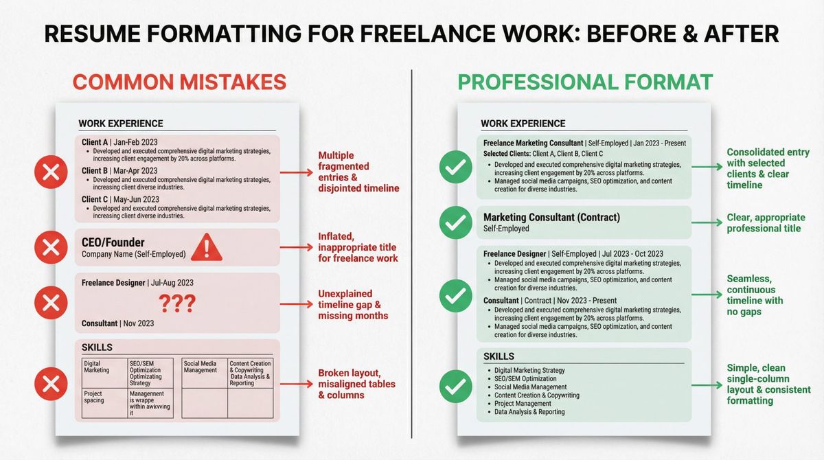 Side-by-side comparison showing wrong vs right ways to list freelance work on a resume