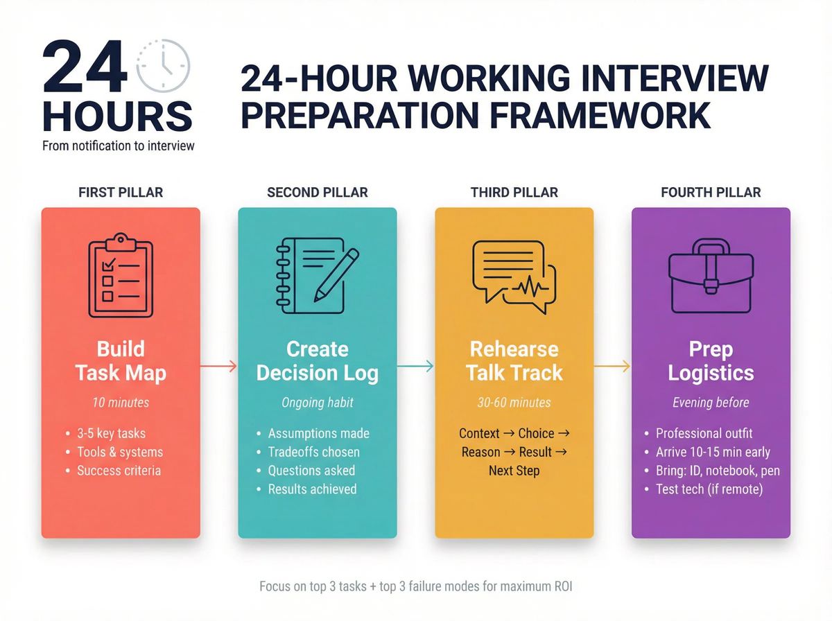 Visual framework showing 4-pillar preparation strategy for working interviews with 24-hour timeline