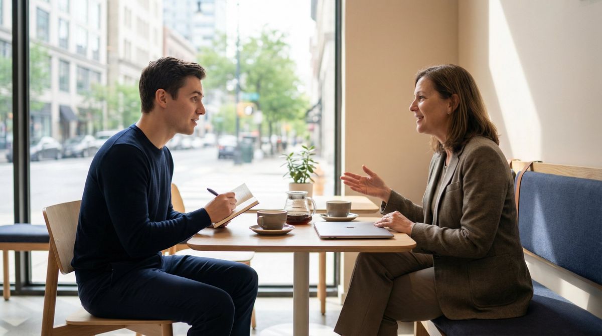 Two professionals having a genuine coffee-shop informational interview conversation, job seeker taking notes
