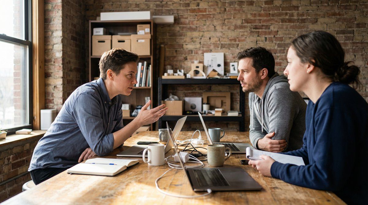 A candidate leaning forward confidently across a small table in a lean startup office, engaging directly with two founders during a job interview