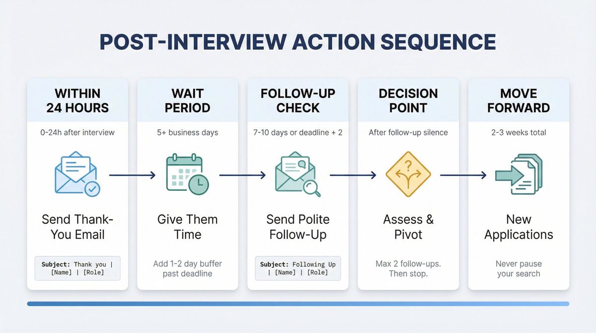 Post-interview action timeline showing five key phases from 24-hour thank-you to moving on, with specific timeframes and email templates