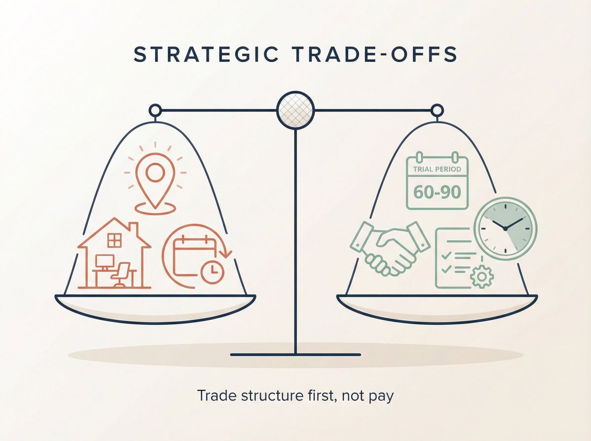 Balanced scale illustration showing remote work benefits on one side and strategic trade-offs on the other, representing smart negotiation strategy