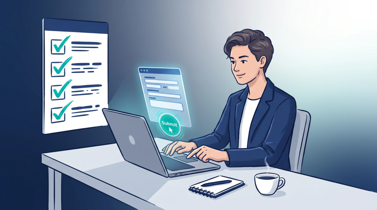 Job seeker confidently completing a pre-application checklist before hitting submit, illustrated in navy and teal tones