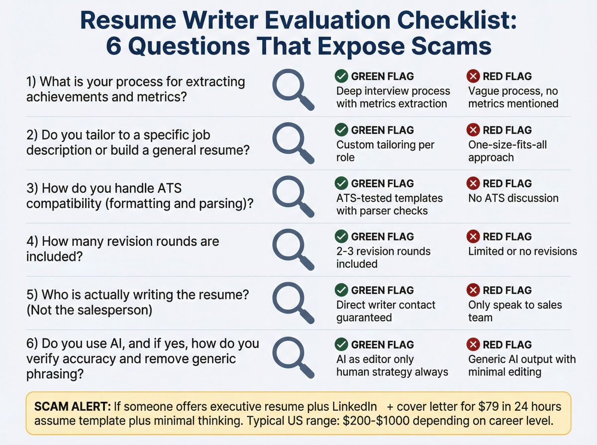 Visual checklist showing 6 critical questions to ask resume writers with red flags and green flags