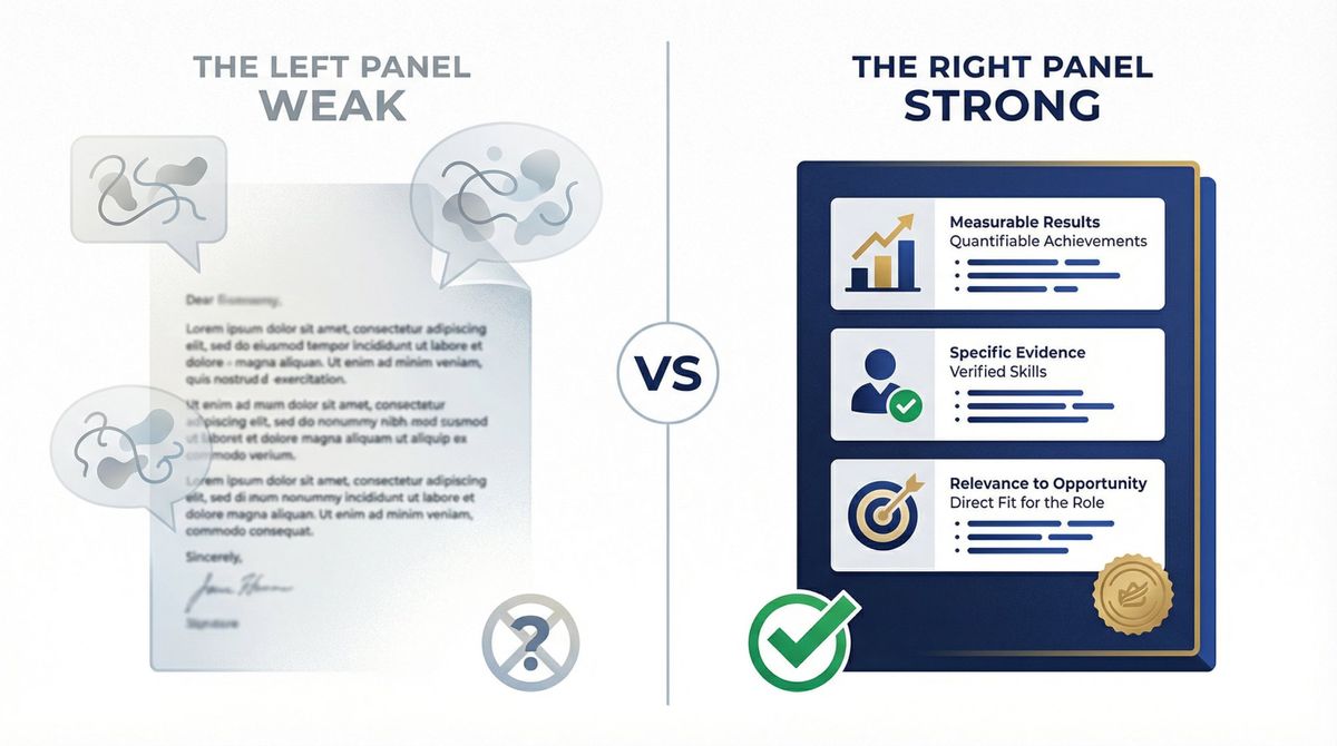 Side-by-side comparison of weak vague praise versus strong evidence-based recommendation letter wording
