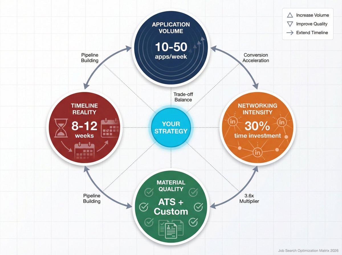 Visual framework showing the interconnected job search optimization levers: application volume, networking intensity, material quality, and timeline expectations