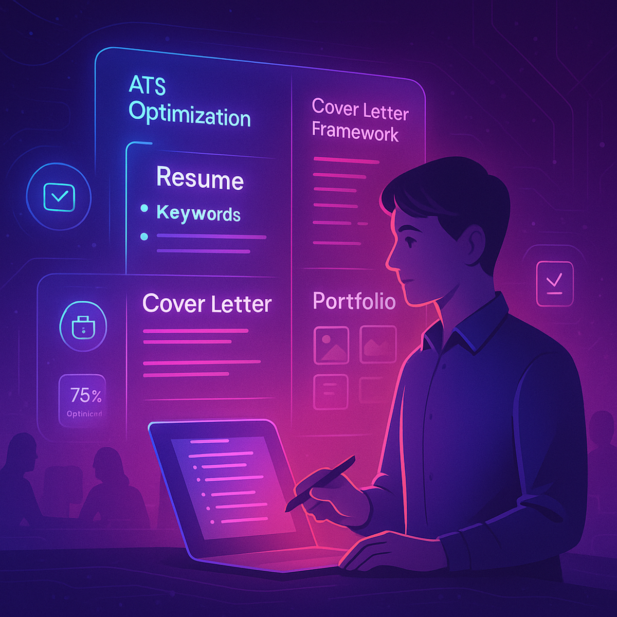 Man using laptop with resume, cover letter, and ATS optimization tools displayed.