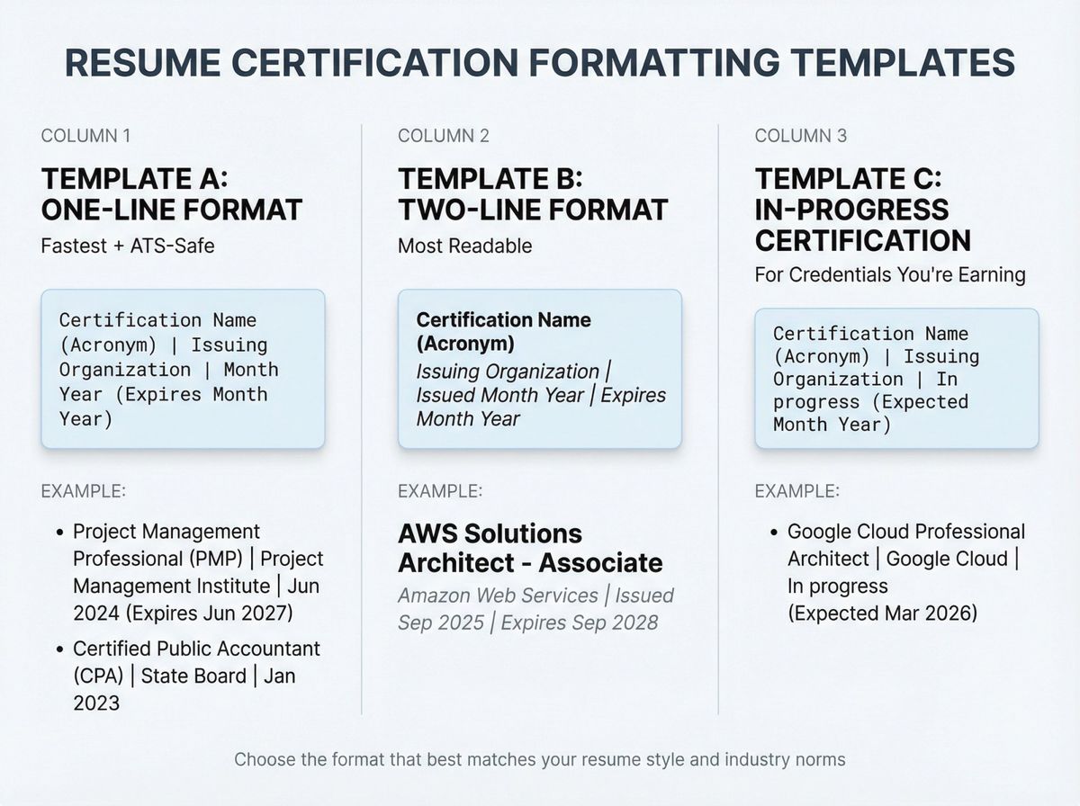 Side-by-side comparison of three resume certification formatting templates showing one-line, two-line, and in-progress formats with labeled examples