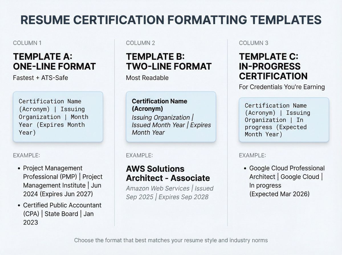 Side-by-side comparison of three resume certification formatting templates showing one-line, two-line, and in-progress formats with labeled examples