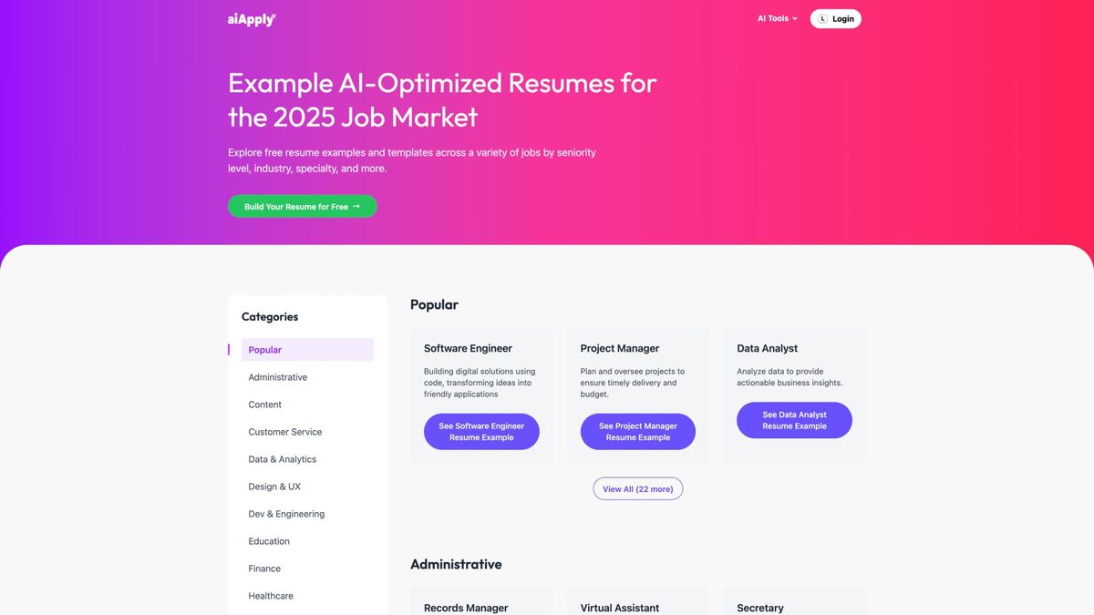 Resume Examples hub displaying a comprehensive gallery of industry-specific resume templates with download options and customization guidance