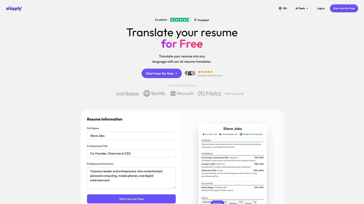 AIApply Resume Translator showing multi-language resume conversion supporting 12+ languages for international job applications
