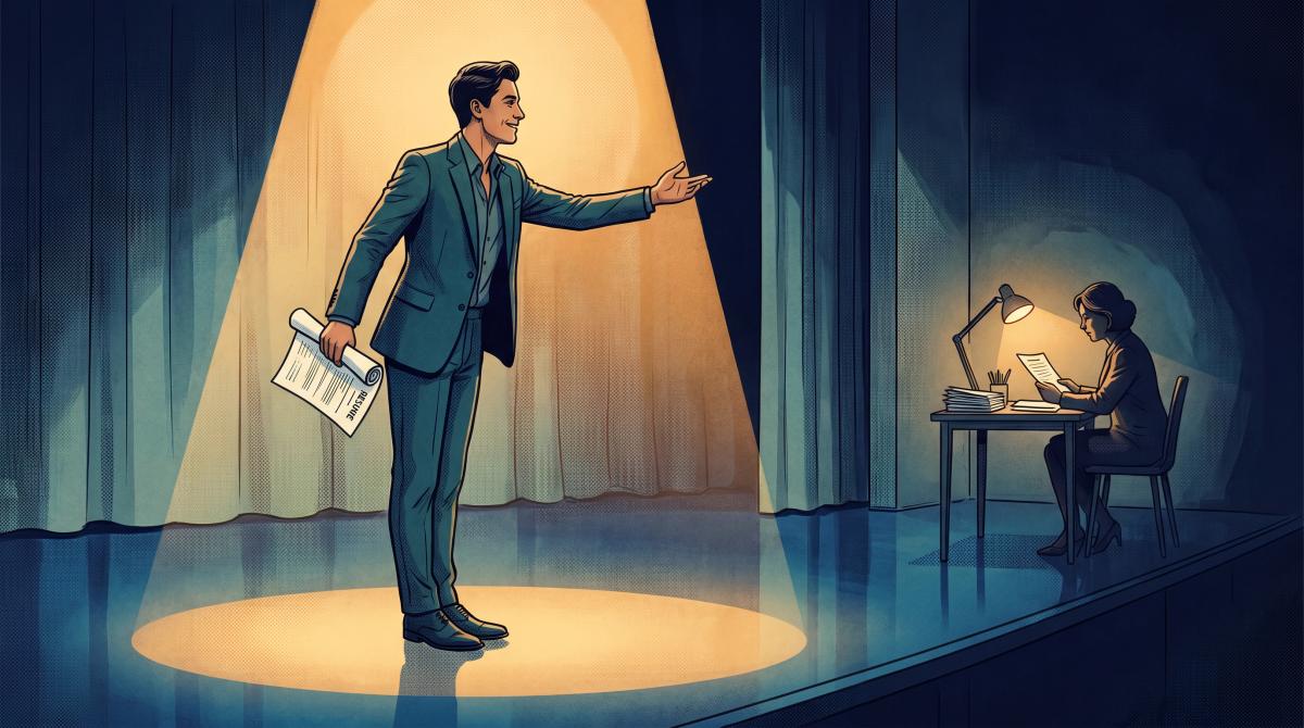 Confident actor holding a polished resume under a warm spotlight, casting director visible in the background, celebratory and professional