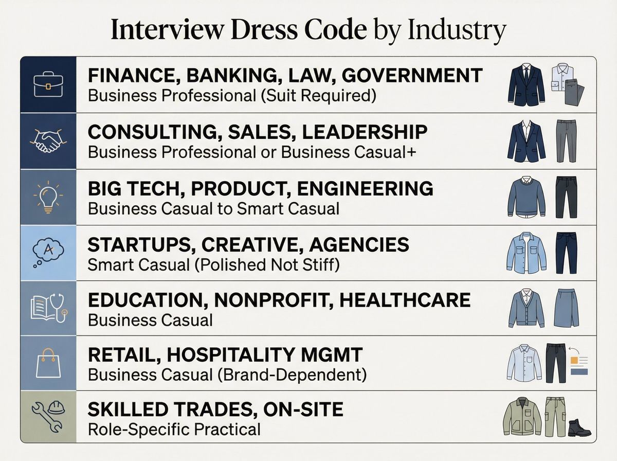 Industry-specific interview dress code guide showing formality levels from business professional to smart casual