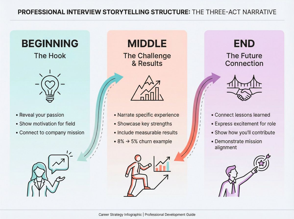 Three-act story structure for interview answers: Beginning (hook with passion), Middle (challenge and results), End (future connection)