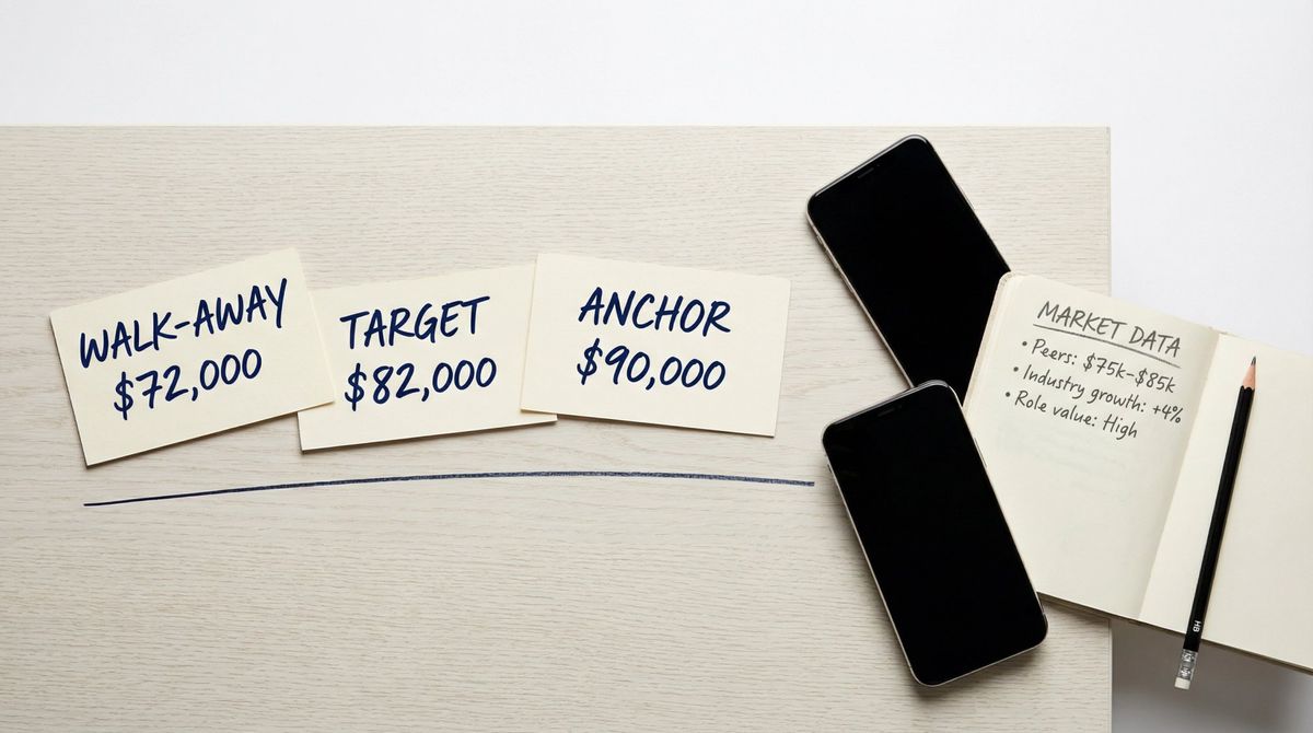 Three labeled preparation cards showing Walk-Away, Target, and Anchor numbers as a salary negotiation framework