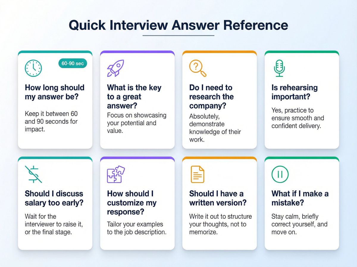 Visual FAQ guide showing 8 common interview answer questions with quick reference icons and timing indicators