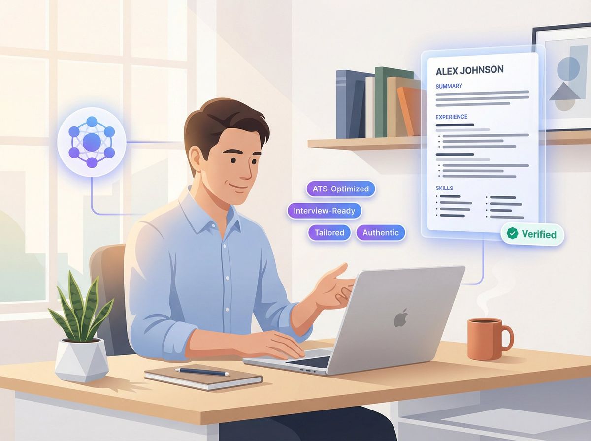 Professional job seeker confidently working at modern desk with AI-powered resume assistance displayed on floating interface elements