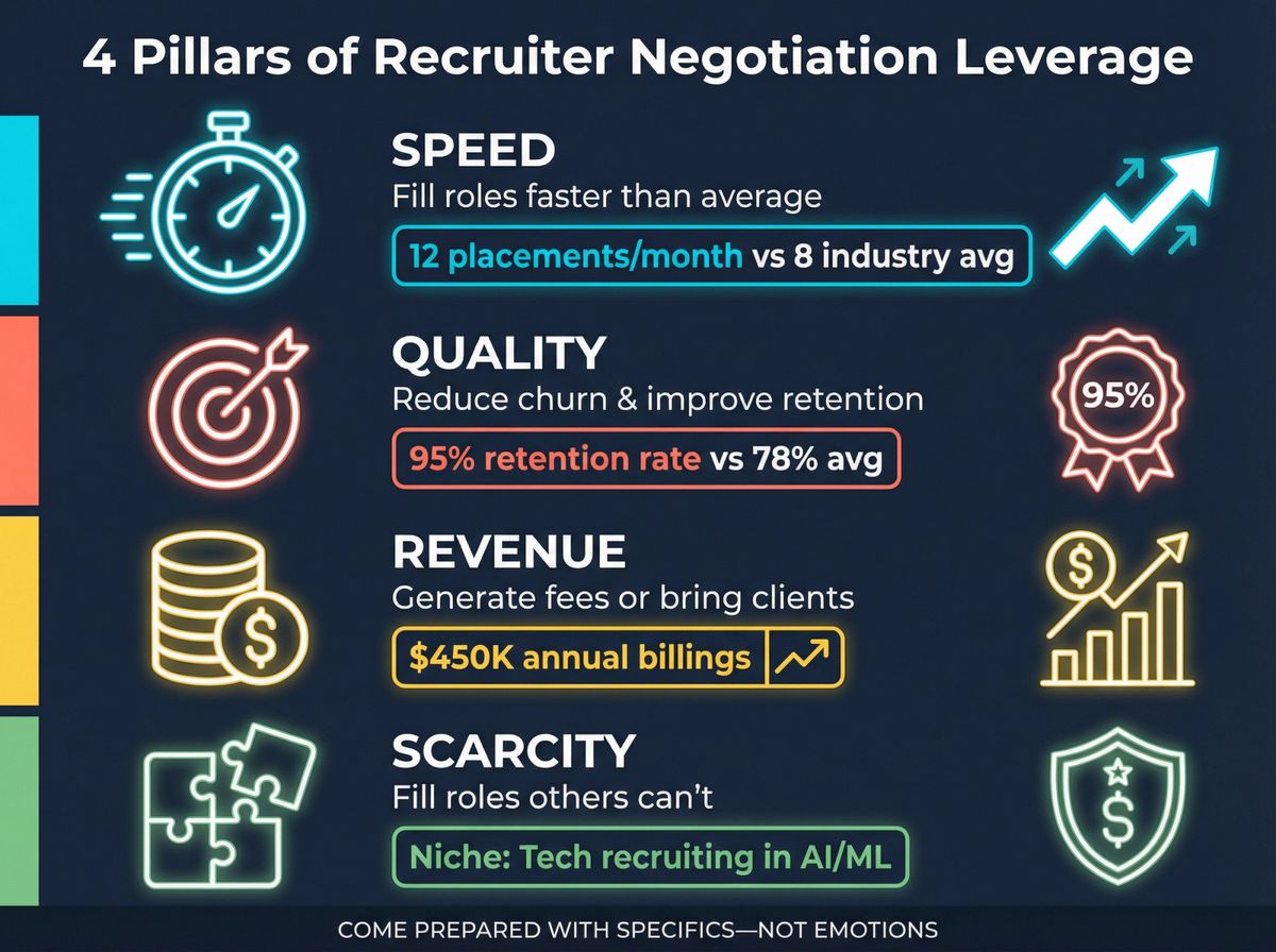 Four-pillar framework showing recruiter salary negotiation leverage points with quantifiable metrics