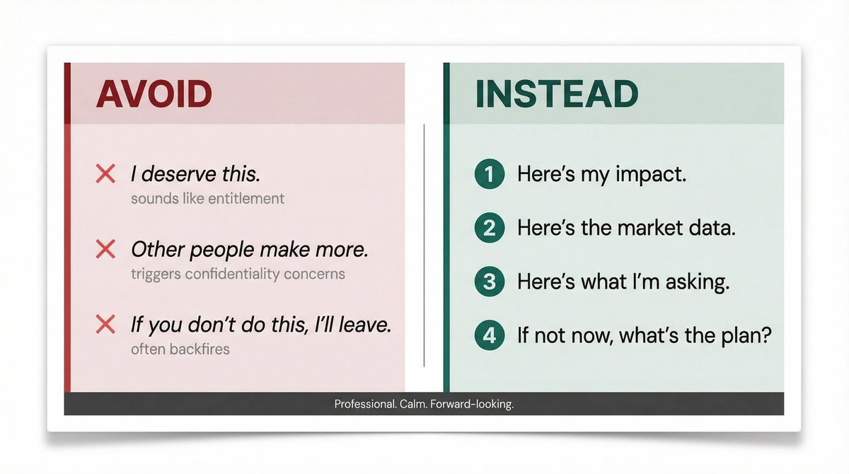 Say This Not That comparison card showing 3 phrases to avoid vs the 4-part professional raise framework