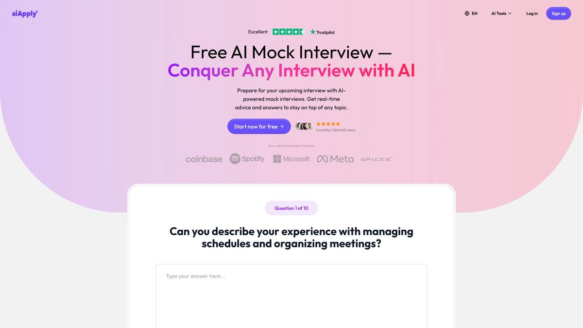 AIApply Mock Interview page showing 'Conquer Any Interview with AI' hero, live practice question, and 1.1M user social proof
