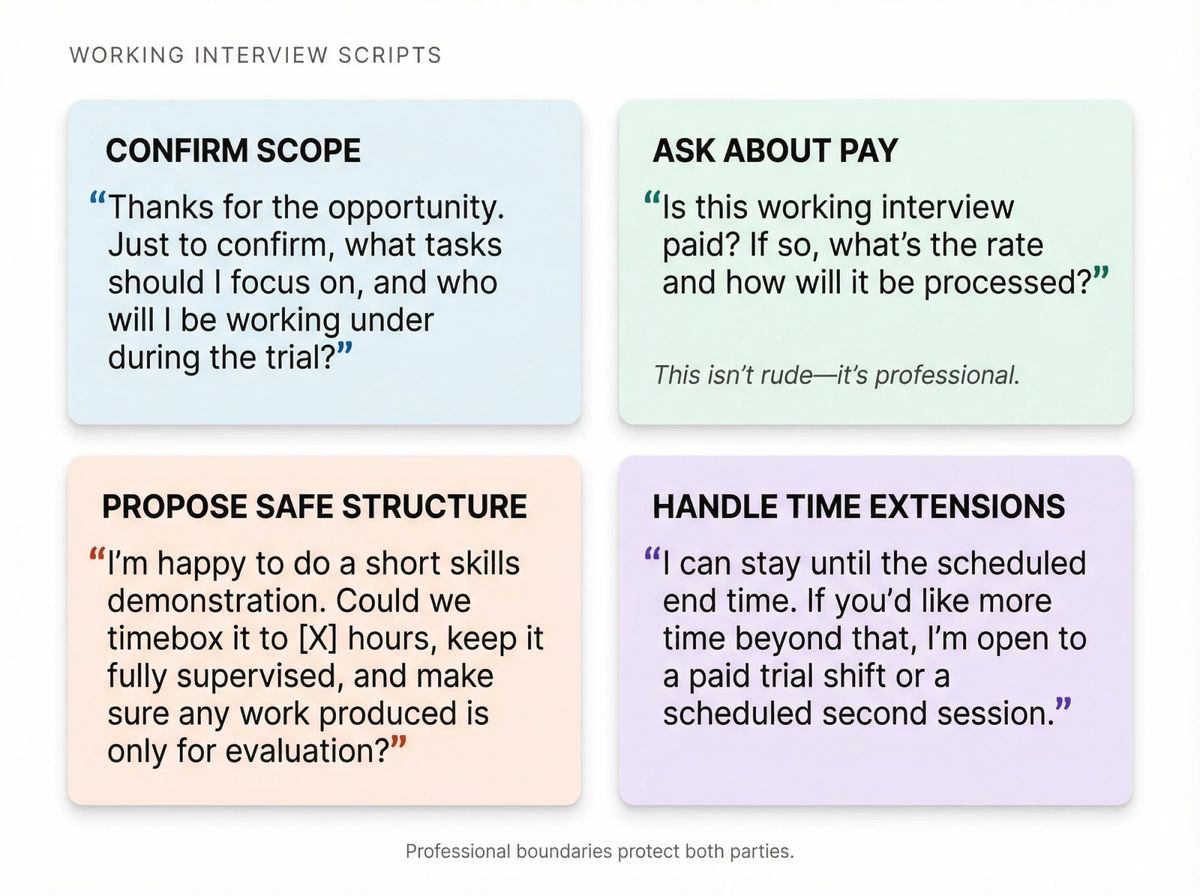 Professional reference card showing 4 essential working interview scripts for confirming scope, discussing pay, proposing safe structure, and handling time extensions