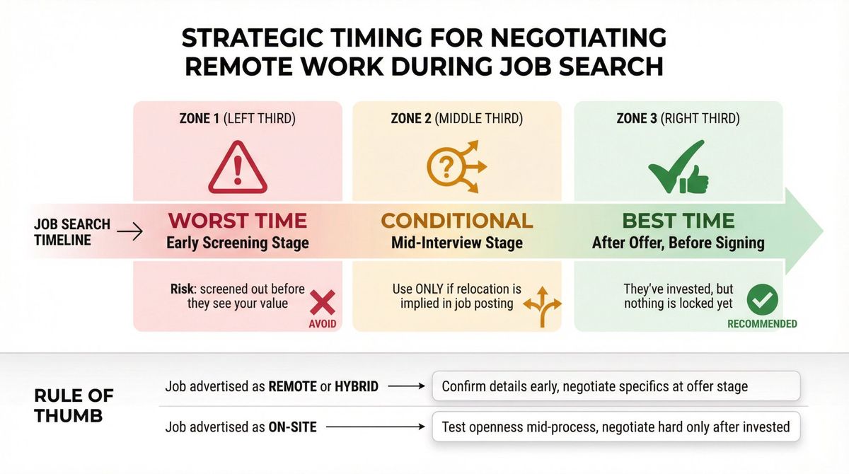 Decision tree showing optimal timing windows for negotiating remote work during the hiring process