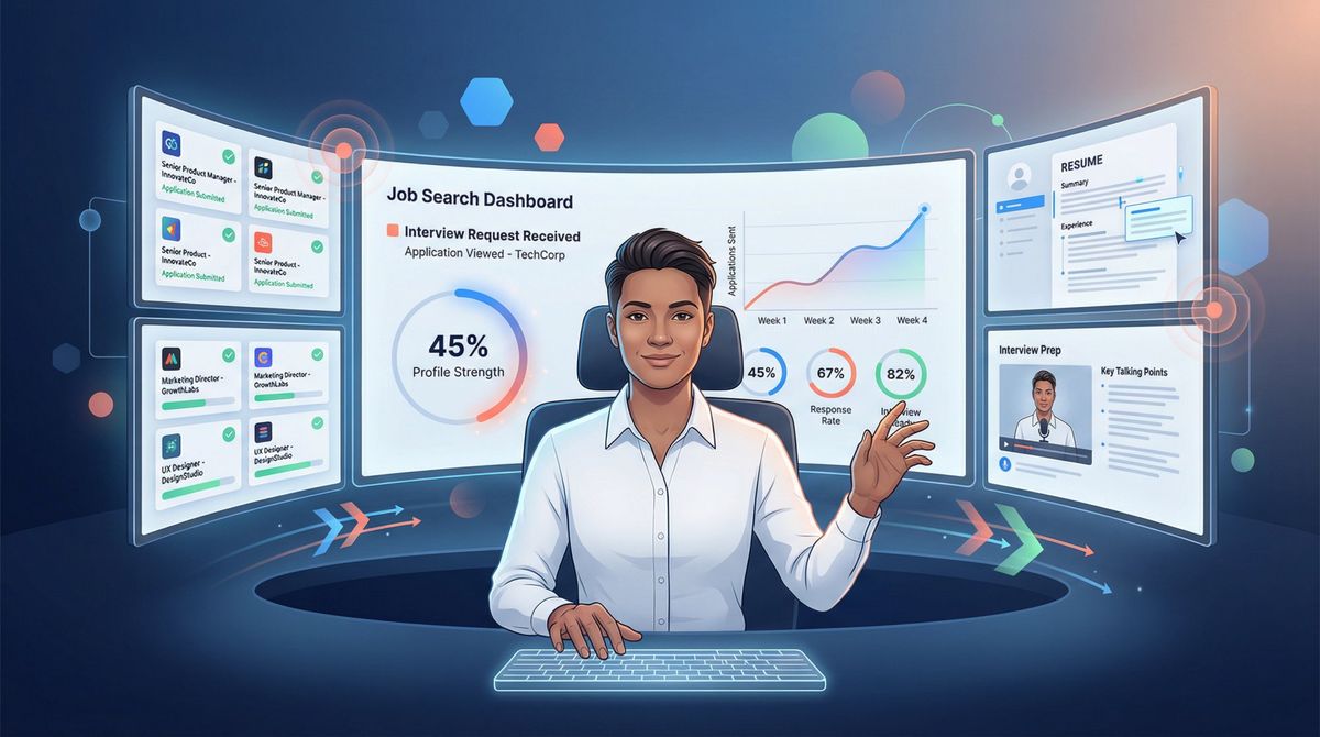 Job seeker confidently managing multiple application pathways from a modern command center dashboard with forward momentum