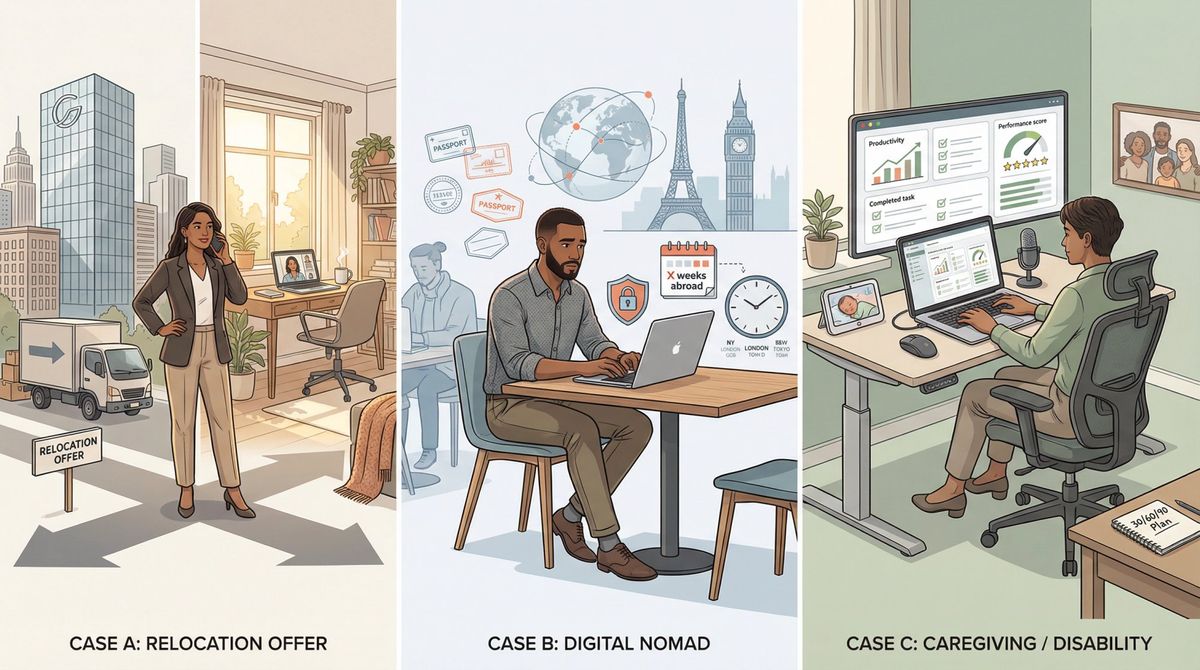 Three-panel editorial illustration showing relocation negotiation, digital nomad cross-border work, and caregiving remote arrangements