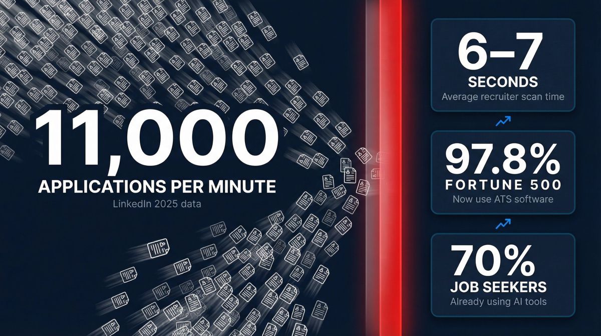 Split-screen visualization showing 11,000 applications per minute flooding into ATS filters with 97.8% Fortune 500 adoption rate